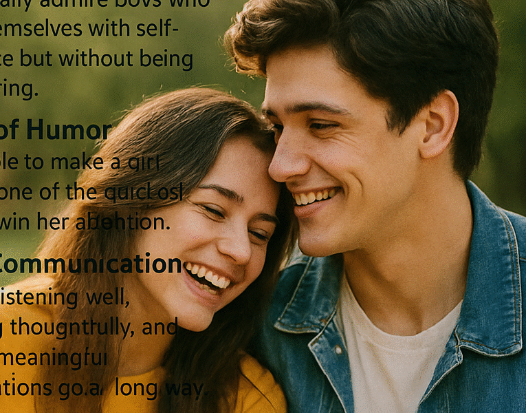 Happy young couple laughing together, representing qualities girls like about boys such as confidence, humor, and respect.